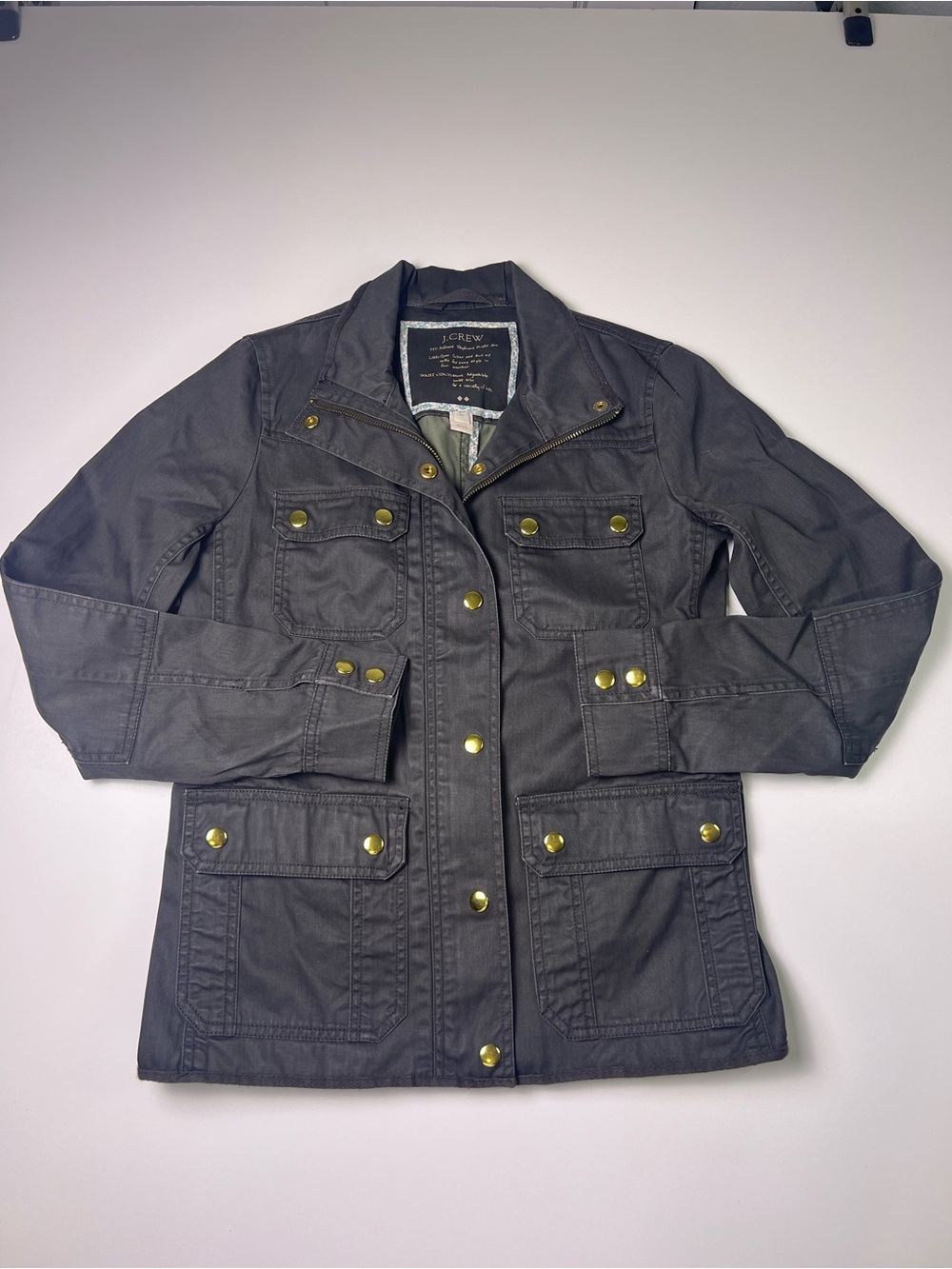 J.Crew Downtown Field Jacket Charcoal Gray Gold Snaps Utility Coat Size XS